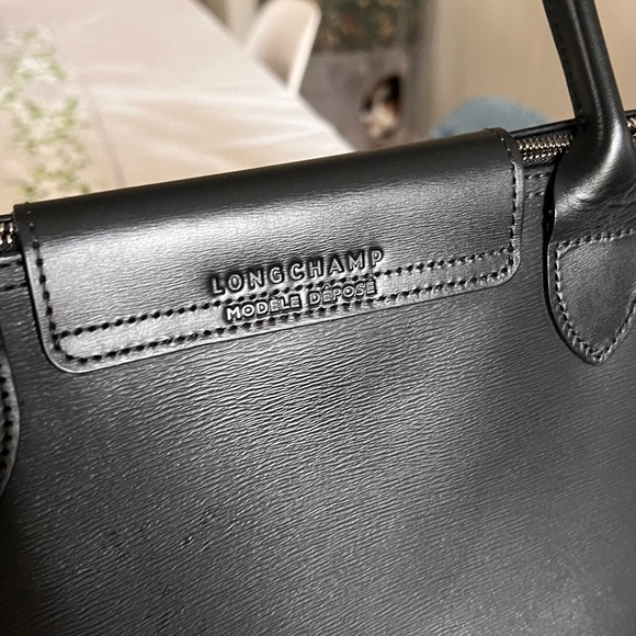 Longchamp Le Pliage Black Leather Tote Bag - Picture 3 of 7
